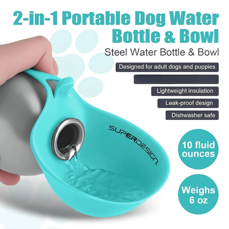 1Pc Portable Stainless Steel Cat and Dog Kettle, Leak-Proof Stainless Steel Pet Travel Kettle With Bowl, Suitable for Outdoor Walking and Travel Pet Drinking Feeder, Food Grade Material, Portable Dog Kettle - hover