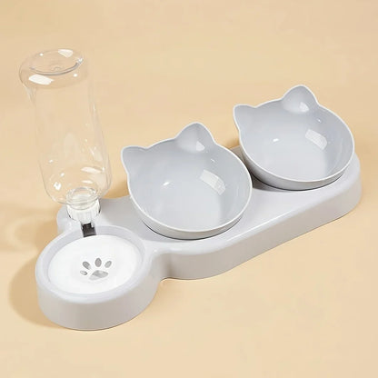 Pet Bowls With Water Feeder, 3 In 1 Ear Design Tilted Cat Water And Food Bowl 1Set With Gravity Water Bottle For Neck Protection