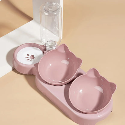 Pet Bowls With Water Feeder, 3 In 1 Ear Design Tilted Cat Water And Food Bowl 1Set With Gravity Water Bottle For Neck Protection