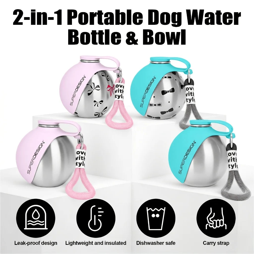 1Pc Portable Stainless Steel Cat and Dog Kettle, Leak-Proof Stainless Steel Pet Travel Kettle With Bowl, Suitable for Outdoor Walking and Travel Pet Drinking Feeder, Food Grade Material, Portable Dog Kettle