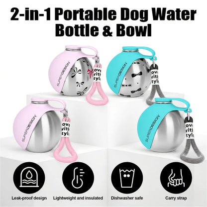 1Pc Portable Stainless Steel Cat and Dog Kettle, Leak-Proof Stainless Steel Pet Travel Kettle With Bowl, Suitable for Outdoor Walking and Travel Pet Drinking Feeder, Food Grade Material, Portable Dog Kettle