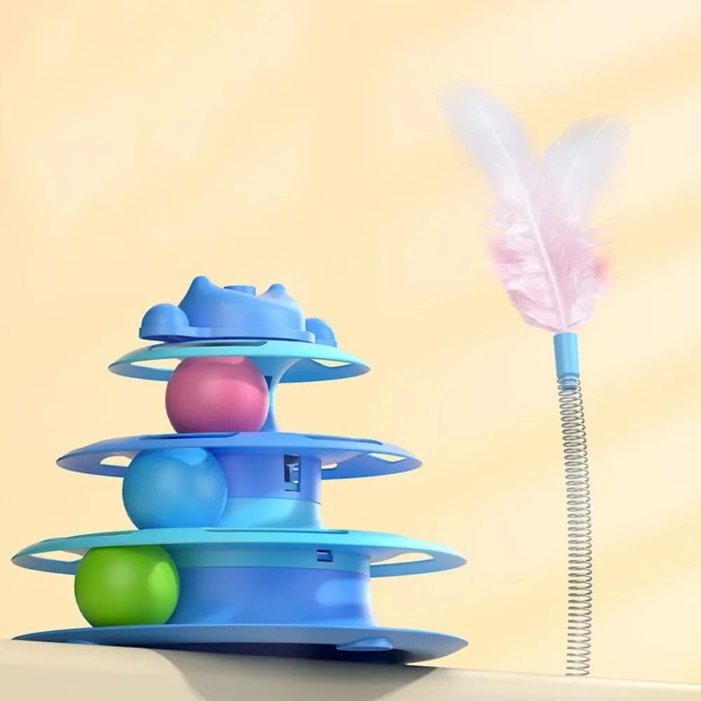 Interactive Cat Toy Tower Kitten Turntable Track Roller Balls Toys With Feather Pets Training Supplies Toy For Cat Tower