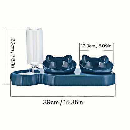 Pet Bowls With Water Feeder, 3 In 1 Ear Design Tilted Cat Water And Food Bowl 1Set With Gravity Water Bottle For Neck Protection